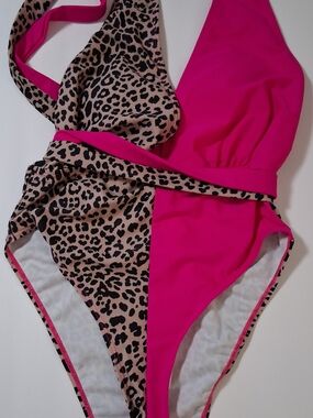 Hot Pink & Leopard Print One-Piece Swimsuit - Wrap Detail
